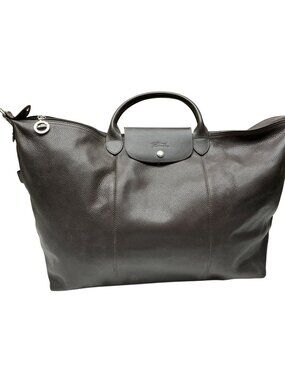 Longchamp Le Pliage Cuir Leather Travel Bag Brown Large Tote Weekender